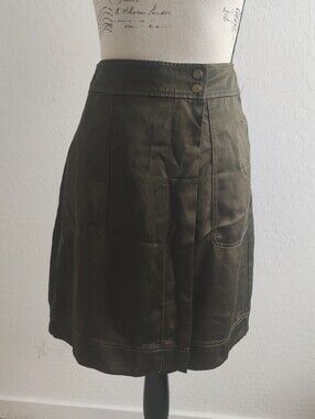 🆕 LOFT Olive Green A-Line Wrap Around Satin Midi Skirt & Pockets Work Office_0P